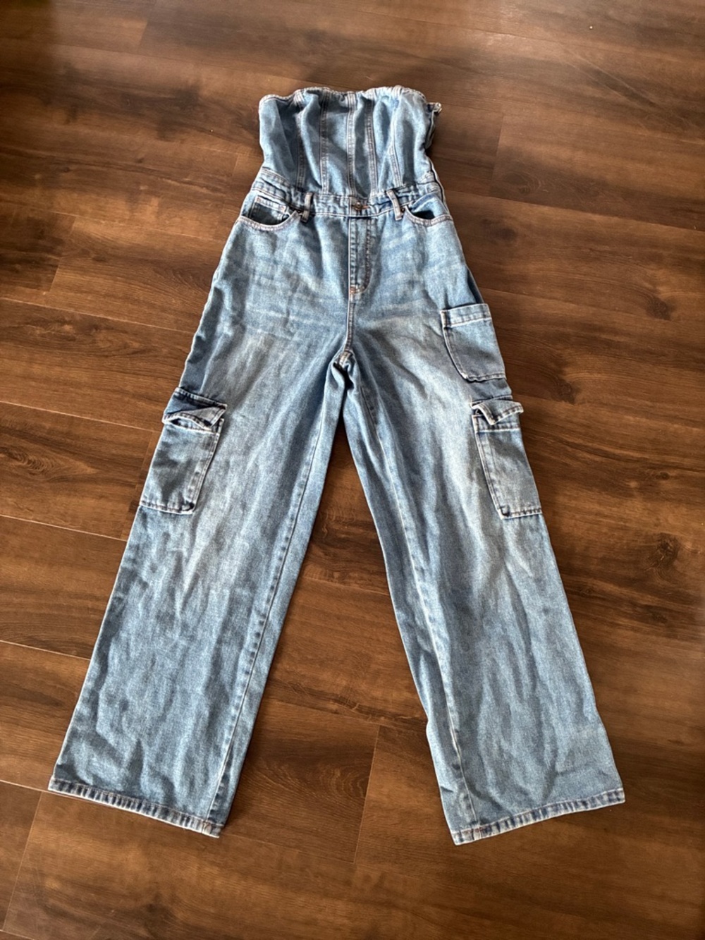 Strapless Wide-Leg Cargo Denim Jumpsuit in Light Blue